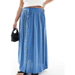 Yours Button Front Linen Maxi Skirt Blue