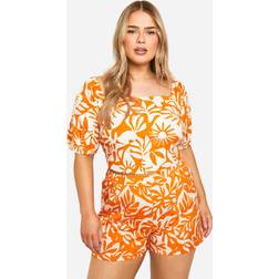 boohoo Womens Plus Abstract Print Tie Back Detail Milkmaid Top - Orange