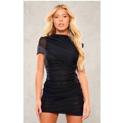 PrettyLittleThing Black Mesh High Neck One Shoulder Mini Dress, Black