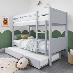Luca Single Detachable Light Grey Wooden With Trundle Bed And Ladder Bunk Bed