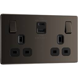 BG Screwless Flatplate 13A Power Socket With USB A C 22W 2 Gang in Black Nickel Plastic