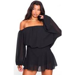 PrettyLittleThing Black Chiffon One Shoulder Floaty Skort Playsuit, Black