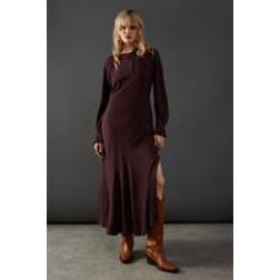 Warehouse Viscose Twill Tie Shoulder Circle Tier Hem Midi Dress Chocolate