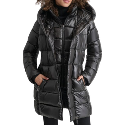 DKNY Women's Bibbed Shawl-Collar Packable Shine Puffer Coat - Black