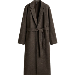 H&M Brushed Twill Coat with Tie Belt - Dark Brown/Herringbone Patterned