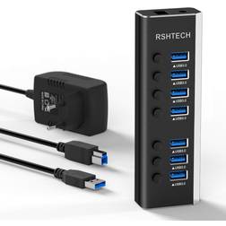 RSHTECH Aluminum USB Hub Active 3.0 with 24W(12V/2A) Power Supply 7 Port USB 3.0 Powered Data Hub and Individual USB Port Expander on/off Switch for PC and Laptops (RSH-A37S)