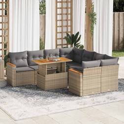 vidaXL 9 Piece Garden Sofa with Cushions Beige Poly Rattan Acacia Outdoor Lounge Set
