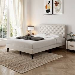 Abrihome Double Upholstered Velvet Bed Frame 135cm x 190cm - Cream 135 x 190cm