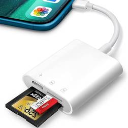 Oliveria SD Card Reader iPhone iPad, Trail Game Camera 2 in 1 SD with Dual Slots for Micro SD/SD, Memory Adapter, Simultaneous Charging and Map Reading, Plug and Play