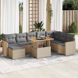 vidaXL 9-tlg Garten-Sofagarnitur mit Kissen Beige Poly Rattan Lounge-Set