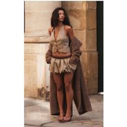 PrettyLittleThing Brown Check Woven Tailored Puff Ball Waistband Skirt