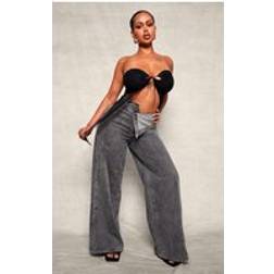 PrettyLittleThing Shape Foldover Waist Wide Leg Jeans - Light Grey