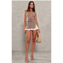 PrettyLittleThing Taupe Woven Lace Up Foldover Detail Mini Dress