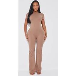 PrettyLittleThing Shape Mocha Sculpted Short Sleeve Jumpsuit - Coffee