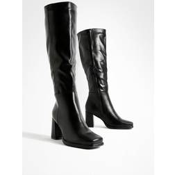 boohoo Wide Fit Block Heel Knee High Boots - Black