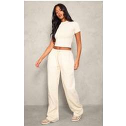 PrettyLittleThing Tall Stone Embroidered Wide Leg Joggers - White