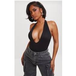 PrettyLittleThing Shape Black Ribbed Halterneck Plunge Bodysuit