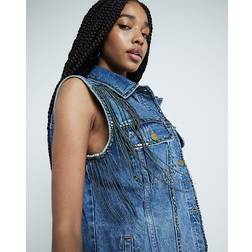 River Island Blue Denim Fringed Sleeveless Jacket - Womens