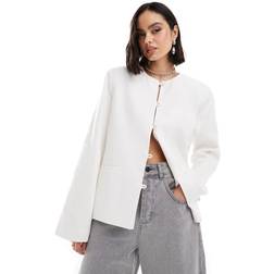 NA-KD Linen Collarless Jacket - White/Neutral