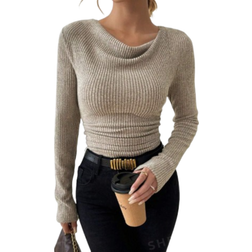 Shein Raffinéa Vintage Asymmetrical Draped Neck Textured Ruched Slim Fit Long Sleeve T-Shirt