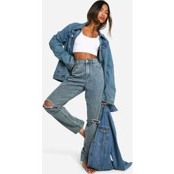 boohoo Basics High Waisted Ripped Knee Jeans - Washed Blue