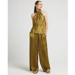 River Island Womens Khaki Satin Plisse Wide Leg Trousers