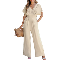 Cupshe Women's V-Neck Short Sleeve Straight Leg Jumpsuit - Khaki