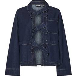 Pieces Pcofelia Ls Bow Denim Shirt - Medium Blue Denim Black