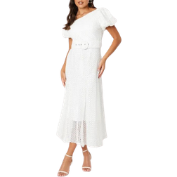 Coast Asymmetric Neck Lace Puff Sleeve Midi Dress - White