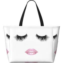 Yqxwjl Eyelash Lip Print Beach Tote Bag - White