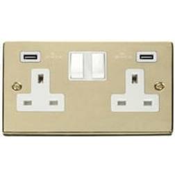 SE Home White Trim 2 Gang 13A 2 Usb Twin Double Switched Plug Socket 2-way