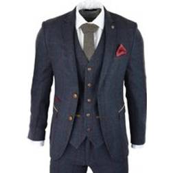 Paul Andrew Mens Herringbone Tweed Suit 3 Piece - Navy Blue Peaky