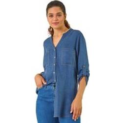 Roman V-Neck Longline Button Detail Blouse - Denim Blue