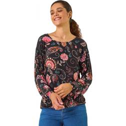 Roman Banded Hem Paisley Print Top - Pink