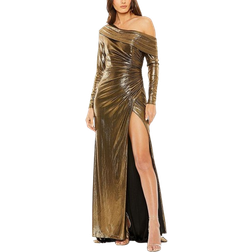 Mac Duggal Long Sleeve Off the Shoulder Metallic Gown - Antique Gold