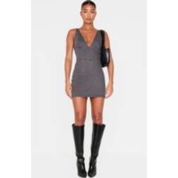 PrettyLittleThing Plunge Corset Style Denim Mini Dress - Washed Grey