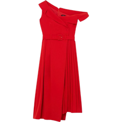 Karen Millen Soft Tailored Crepe One Shoulder Belted Pleated Midi Dress - Red