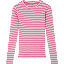 Mads Nørgaard 2x2 Cotton Stripe Tuba Tee - Carmine Rose/Quiet Grey