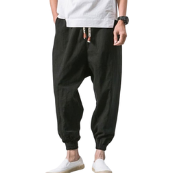 LifeHe Hiphop Army Linen Cotton Harem Pants - Black