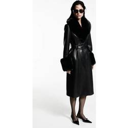 Mango Leather Effect Coat With Fur Effect Trim - Black