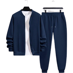 Shein 2 Pieces Men's Jacket with Baseball Collar in Solid Color and Pants with Drawstring Waist, for Casual Autumn/Winter