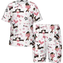 ZHBwal Kid's Dachshund Dog Puppy Pink Love Pajamas Set - White