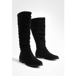 boohoo Faux Suede Slouchy Knee High Flat Boots - Black