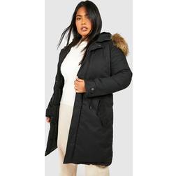 boohoo Womens Plus Faux Fur Trim Parka Coat - Black
