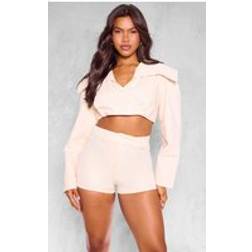 PrettyLittleThing Sand Cross Over Asymmetric Cropped Cotton Jacket - Sand