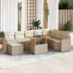 vidaXL 9-Tlg Garten Sofagarnitur Mit Kissen Beige Poly Rattan Essgruppe, 1 Tisch einschl. 8 Stühle