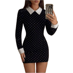 Shein ICON Y2k Fitted Black & White Polka Dot Contrast Collar "Wednesday" Mini Dress For Wome