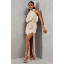 Misspap Textured Satin One Shoulder Dress - Champagne