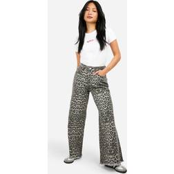 boohoo Womens Petite Leopard Straight Leg Jean - Multi