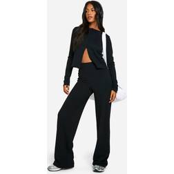 boohoo Tall Crinkle Cardigan Wide Leg Trouser - Black